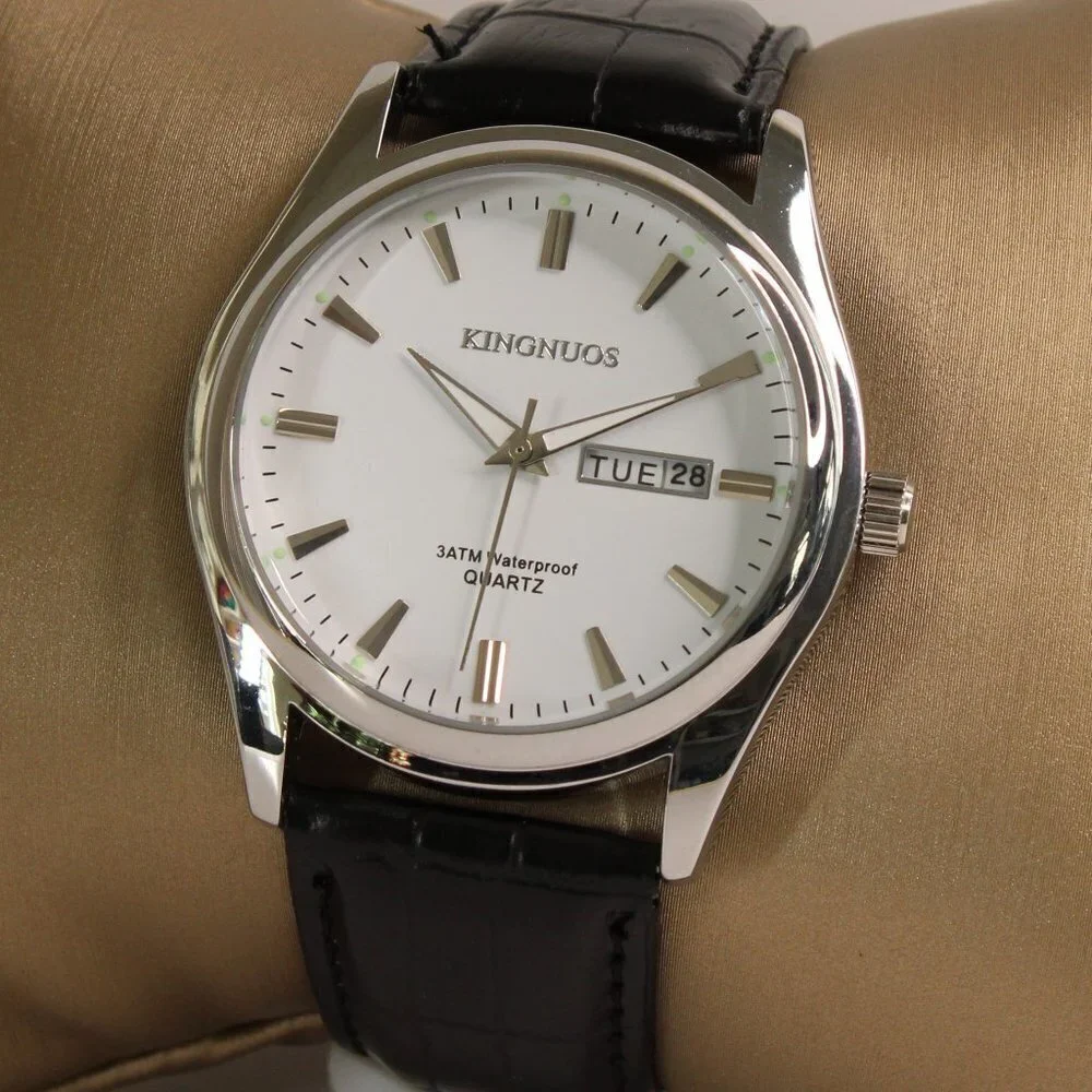 Men's Contemporary Dress Watch Silver Case Black Leather Watch Strap 40mm